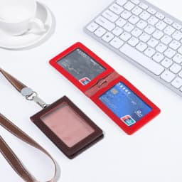 Double Card Badge Holder Genuine Leather ID Lanyard Name Tag Carabiner Style Key Ring Clips Reels Recoil Belt Clip Office Supply