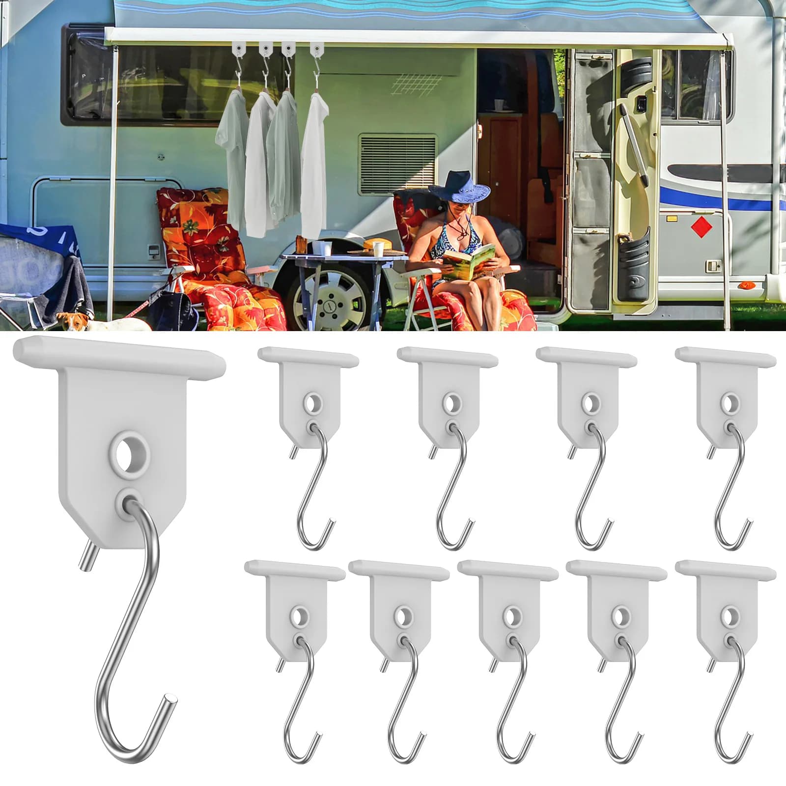 10Pcs Sturdy Awning Hooks for RV S Shaped Camping Awning Hooks Metal Party Light Hangers Hats Outdoor Camper Hanging Accessories