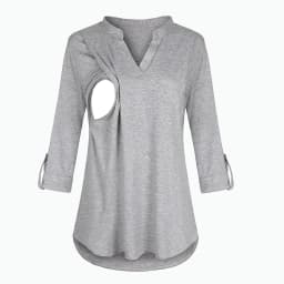 Women's Maternity Breastfeeding T-shirt V-Neck Solid Color Long Sleeve Nursing Tops Clothes for Pregnant Women