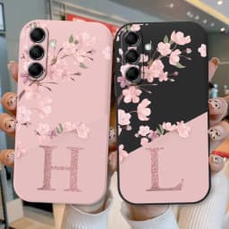 Initial Letter A Z Case For Samsung Galaxy A54 A55 A56 A06 Cover Pink Flowers Soft Silicone Back Funda Coque Bumper Couple Bags
