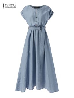2025 ZANZEA Women Fashion Short Sleeve Dress Summer Elegant Party Vestidos Casual Mid-calf Sundress Femme Vintage OL Robe Kaftan