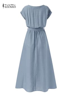 2025 ZANZEA Women Fashion Short Sleeve Dress Summer Elegant Party Vestidos Casual Mid-calf Sundress Femme Vintage OL Robe Kaftan