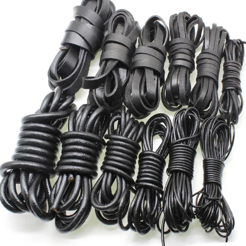 2m Black Color Real Genuine Leather Cord 2 3 4 5 6 8 mm Round Flat Leather Rope String Fit Necklace Bracelet DIY Jewelry Making