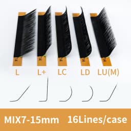 GLAMLASH L/L+/LC/LD/LU(M)/N Curl 16Rows False Eyelash Extensions Mink Black Material 7-15mm Mixed Tray L Curl Makeup Lashes