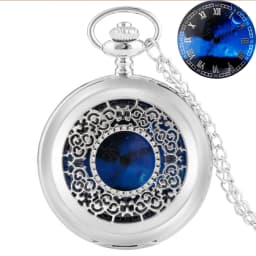 Exquise Starry Blue Dial Pendant Bronze Hollow Case Quartz Pocket Watch Roman Numerals Retro Watches Souvenir Gift for Men Women
