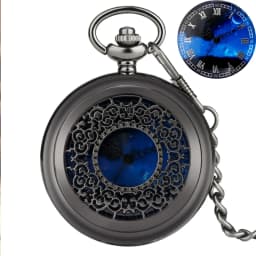 Exquise Starry Blue Dial Pendant Bronze Hollow Case Quartz Pocket Watch Roman Numerals Retro Watches Souvenir Gift for Men Women
