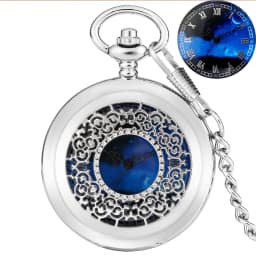 Exquise Starry Blue Dial Pendant Bronze Hollow Case Quartz Pocket Watch Roman Numerals Retro Watches Souvenir Gift for Men Women