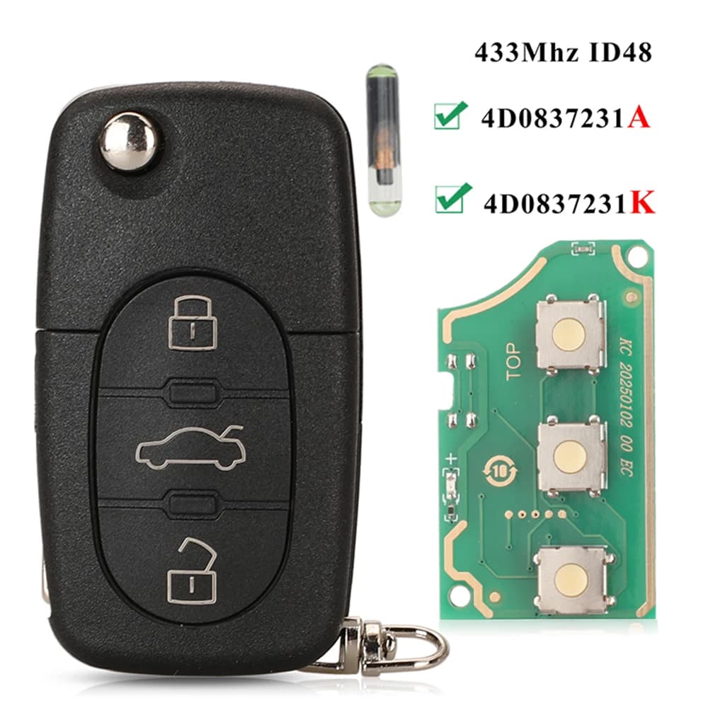 jingyuqin 4D0837231A 4D0837231K Key Fob For Audi A3 A4 A6 A8 TT RS4 Quattro 1994 - 2004 433Mhz ID48 Chip Car Remote Flip Key 3BT