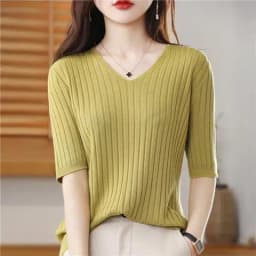 2025 New Spring Summer New Women's V-neck Short-Sleeved Exquisite Cashmere Knitted Sweater Pullover Solid Color