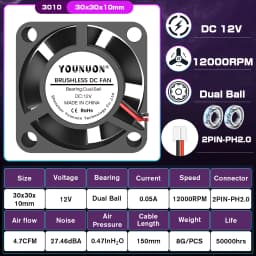 2 Pieces 3d printer fan 3010 30MM 30*30*10MM 3cm Graphics card fan Cooling fan 5V 12V 24V with 2pin sleeve&dual ball