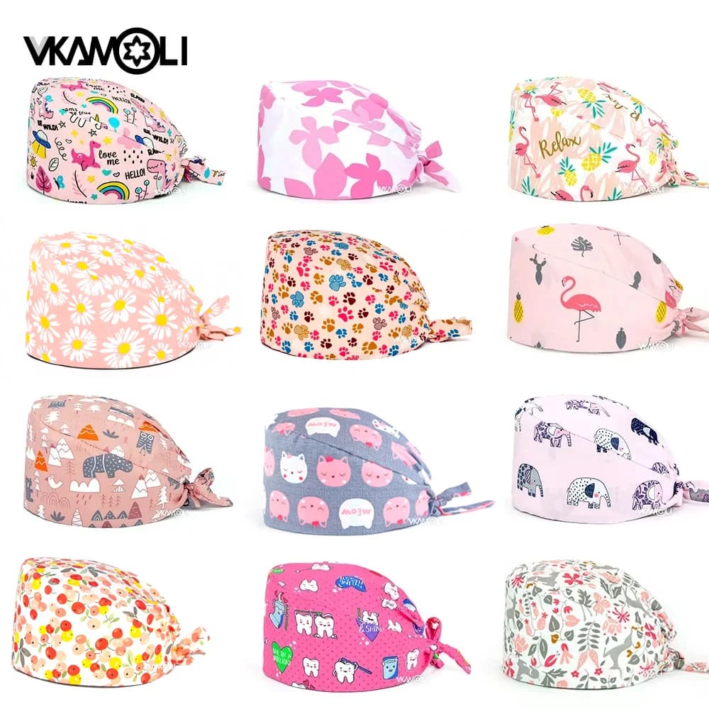 pink Printed Hats Men And Women Work Hat Scrub Cap Gorro Enfermera Quirofano Scrub Cap cotton Scrubs hat nurse accessories
