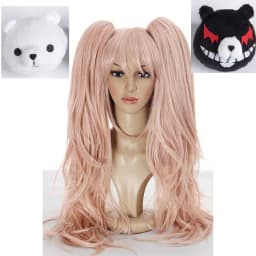 Dangan Ronpa Danganronpa Enoshima Junko Cosplay Wig Pink Long Wavy with Ponytail Clip Heat Resistant Wigs+ Bear Hairpins