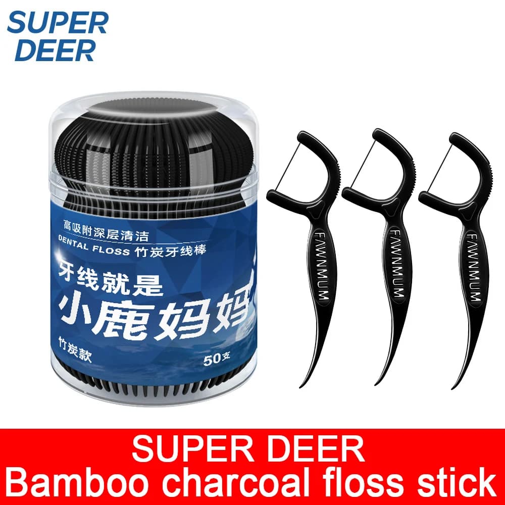 Fawnmum Dental Cleaning Bamboo Charcoal Dental Floss Picks Barreled Interdental Brush For Teeth Care Toothpicks With Thread Oral