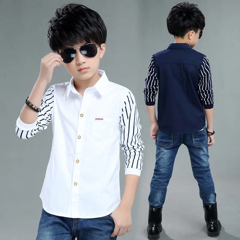 Boys Blouses And Shirts Children's Stripe Top 2024 Spring Autumn Casual White Polo Shirts Teenager School Brand Outerwear Cotton