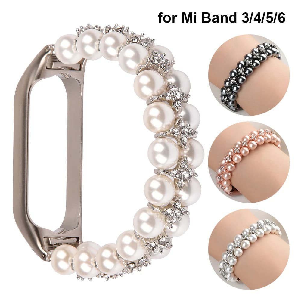 Girl Bracelet for Xiaomi Mi Band 10 8 6 7 5 Bands Wristband Elastic Strap for Mi Band 5 Jewelry Pearl Dressy Band Bling