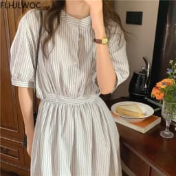 Chic Korea Feminine Vestidos Fashion Women Japan Korea Style Single Breasted Button Striped Long Shirt Dress