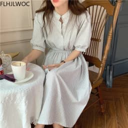 Chic Korea Feminine Vestidos Fashion Women Japan Korea Style Single Breasted Button Striped Long Shirt Dress