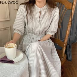 Chic Korea Feminine Vestidos Fashion Women Japan Korea Style Single Breasted Button Striped Long Shirt Dress