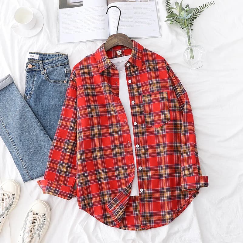 2026 New Fashion Loose Womens Plaid Shirt Fresh College Style Design Blouses And Tops Long Sleeve Casual Female Checked Clothes