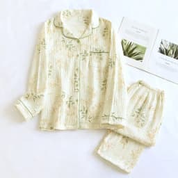 New Large Size Pajamas Women Cotton Crepe Home Service Cotton Long Sleeve Trousers Suit Simple And Comfortable Summer And Autumn