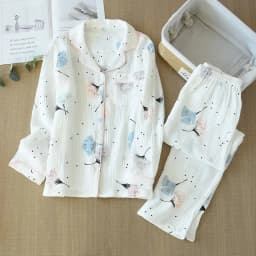 New Large Size Pajamas Women Cotton Crepe Home Service Cotton Long Sleeve Trousers Suit Simple And Comfortable Summer And Autumn