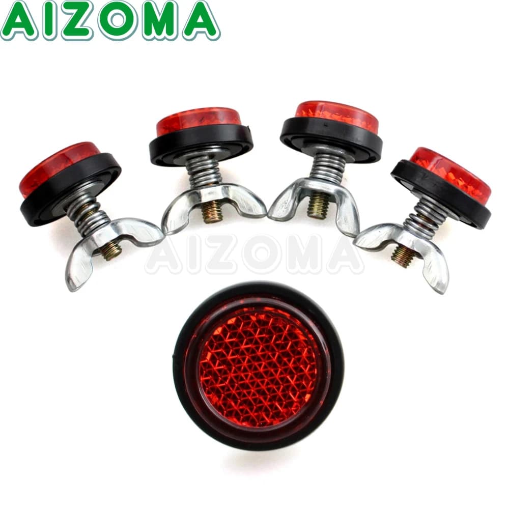 Off-road 4pc Reflective Tag Bolt Screws Rear License Plate Warning Reflector Red Safety Lens For Motorcycle Trunk Car Scooter