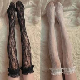 Women Sexy Lace Top Floral Rattan Fishnet Stockings Long Tube Mesh Over Knee Body Stockings Thigh High Hosiery Goth Long Socks