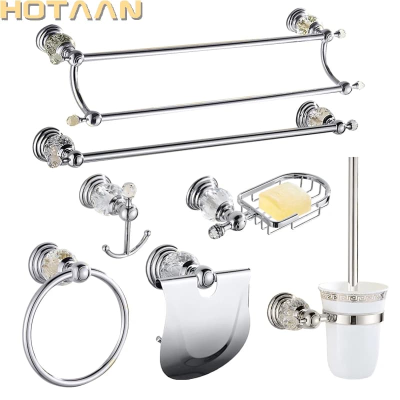 Luxury Crystal Silver Bathroom Accessories Set Chrome Polished Brass Bath Hardware Set Wall Mounted Bathroom Products Banheiro