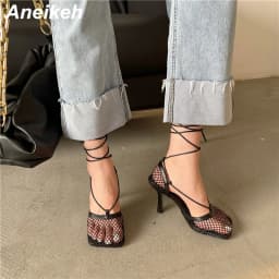 Aneikeh 2026 Stiletto Heels Mesh Fashion Sandals Square Toe Cross-Tied Shallow Concise Party Rome Solid Summer Shoes for Women