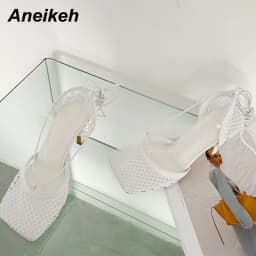 Aneikeh 2026 Stiletto Heels Mesh Fashion Sandals Square Toe Cross-Tied Shallow Concise Party Rome Solid Summer Shoes for Women