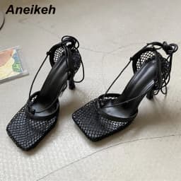 Aneikeh 2026 Stiletto Heels Mesh Fashion Sandals Square Toe Cross-Tied Shallow Concise Party Rome Solid Summer Shoes for Women