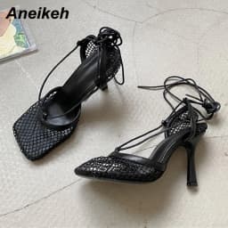 Aneikeh 2026 Stiletto Heels Mesh Fashion Sandals Square Toe Cross-Tied Shallow Concise Party Rome Solid Summer Shoes for Women