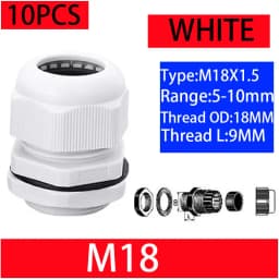 10PCs Waterproof Cable Gland Black Plastic Seal Joint Nylon M8 M10 M12 M16 M20 M25 M32 IP68 White Cable Fixing Nylon Connector