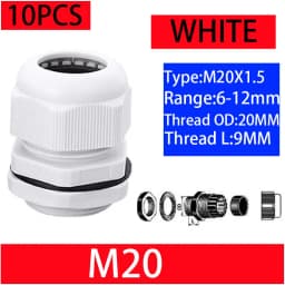 10PCs Waterproof Cable Gland Black Plastic Seal Joint Nylon M8 M10 M12 M16 M20 M25 M32 IP68 White Cable Fixing Nylon Connector