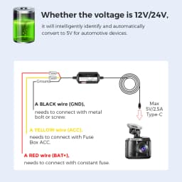 AZDOME JYX05 Car DVR Record Hardwire Kit For M660/M550 Max/M300S/GS63H Pro Low Vol Protection Type-C Port 12V-24V in 5V 2.5A out
