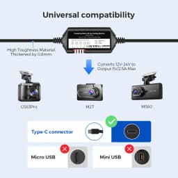 AZDOME JYX05 Car DVR Record Hardwire Kit For M660/M550 Max/M300S/GS63H Pro Low Vol Protection Type-C Port 12V-24V in 5V 2.5A out