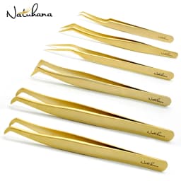 NATUHANA Anti-Static Eyelash Extension Tweezer Gold Stainless Steel Eyelashes Tweezers Professional for Volume Fan Makeup Tools