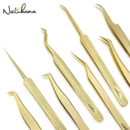 NATUHANA Anti-Static Eyelash Extension Tweezer Gold Stainless Steel Eyelashes Tweezers Professional for Volume Fan Makeup Tools