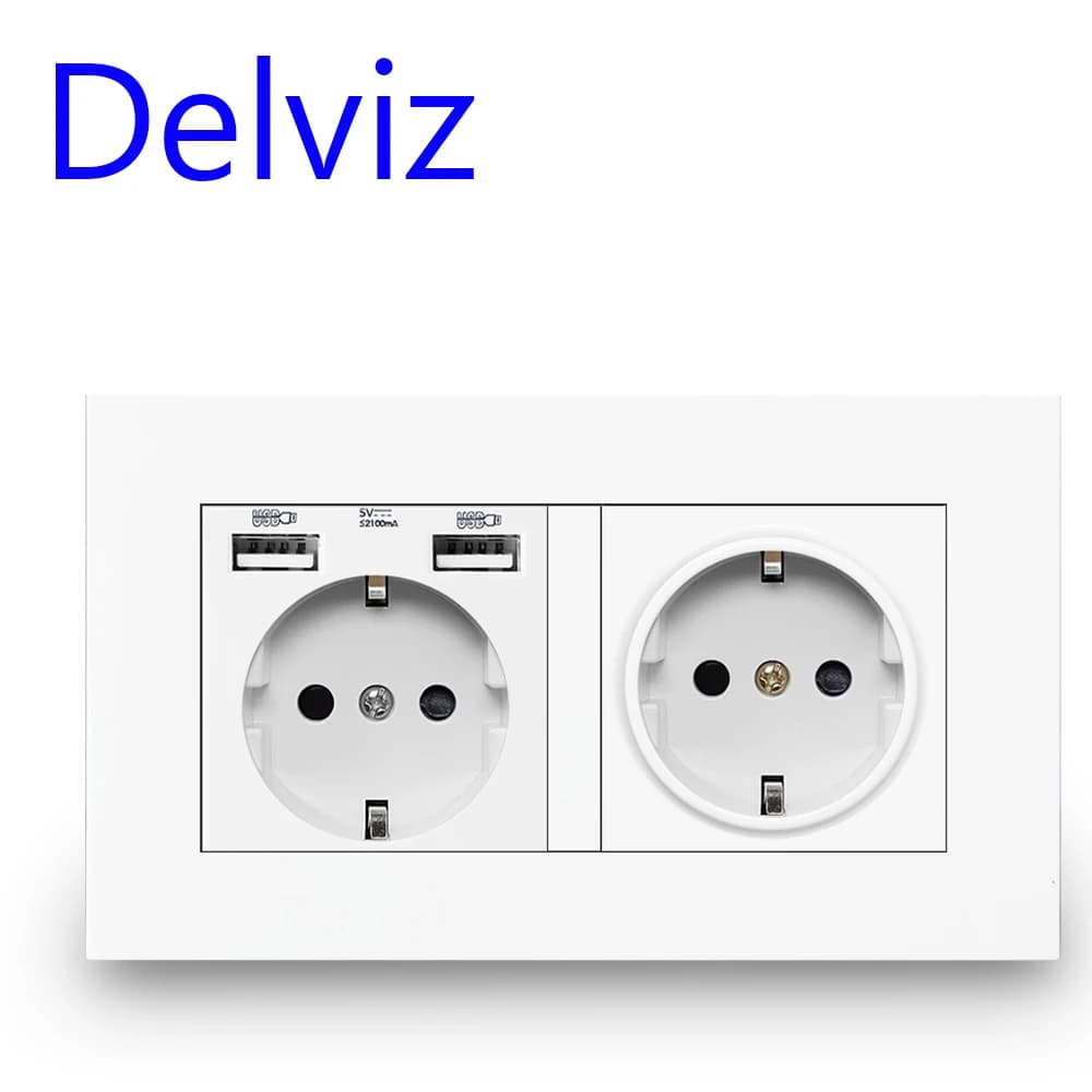 Delviz EU Standard USB Socket, Double Outlet, 16A Quality Power Panel AC 110~250V 146mm * 86mm, Double Frame Wall USB Power Outl