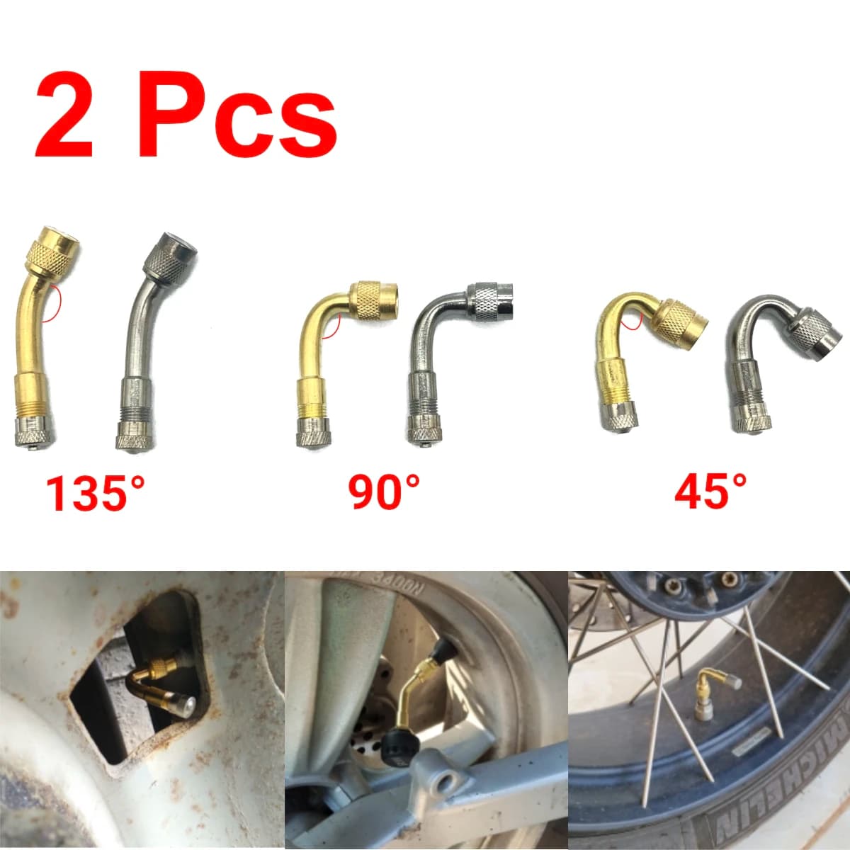 2Pcs Motorcycle Brass 45 90 135 Degree Angle Bent Valve Inflator Connector Tyre Tube Valve Extension Adapter for Truck Car Bike
