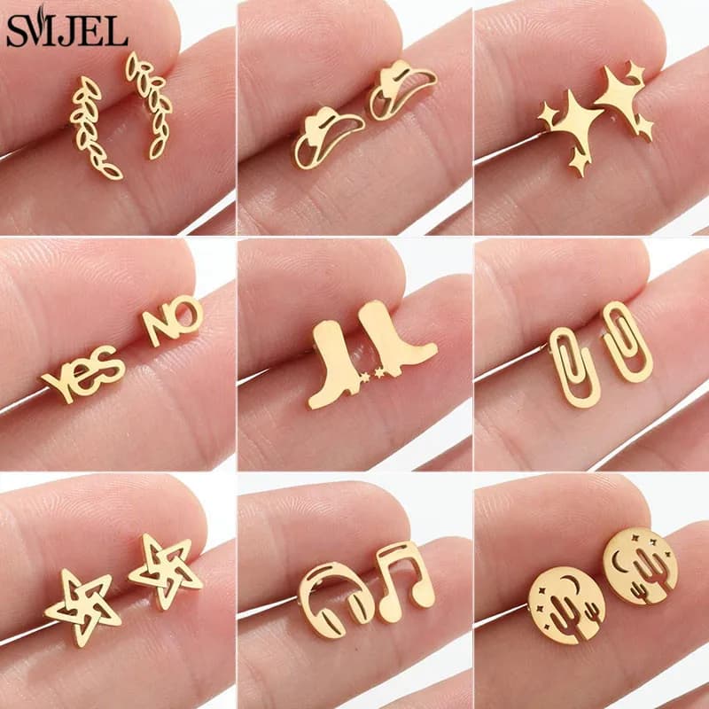 Fashion Stainless Steel Piercing Stud Earrings for Women Leaves Boots Star Cactus Music Small Earings Girls Cartilage Ear Studs