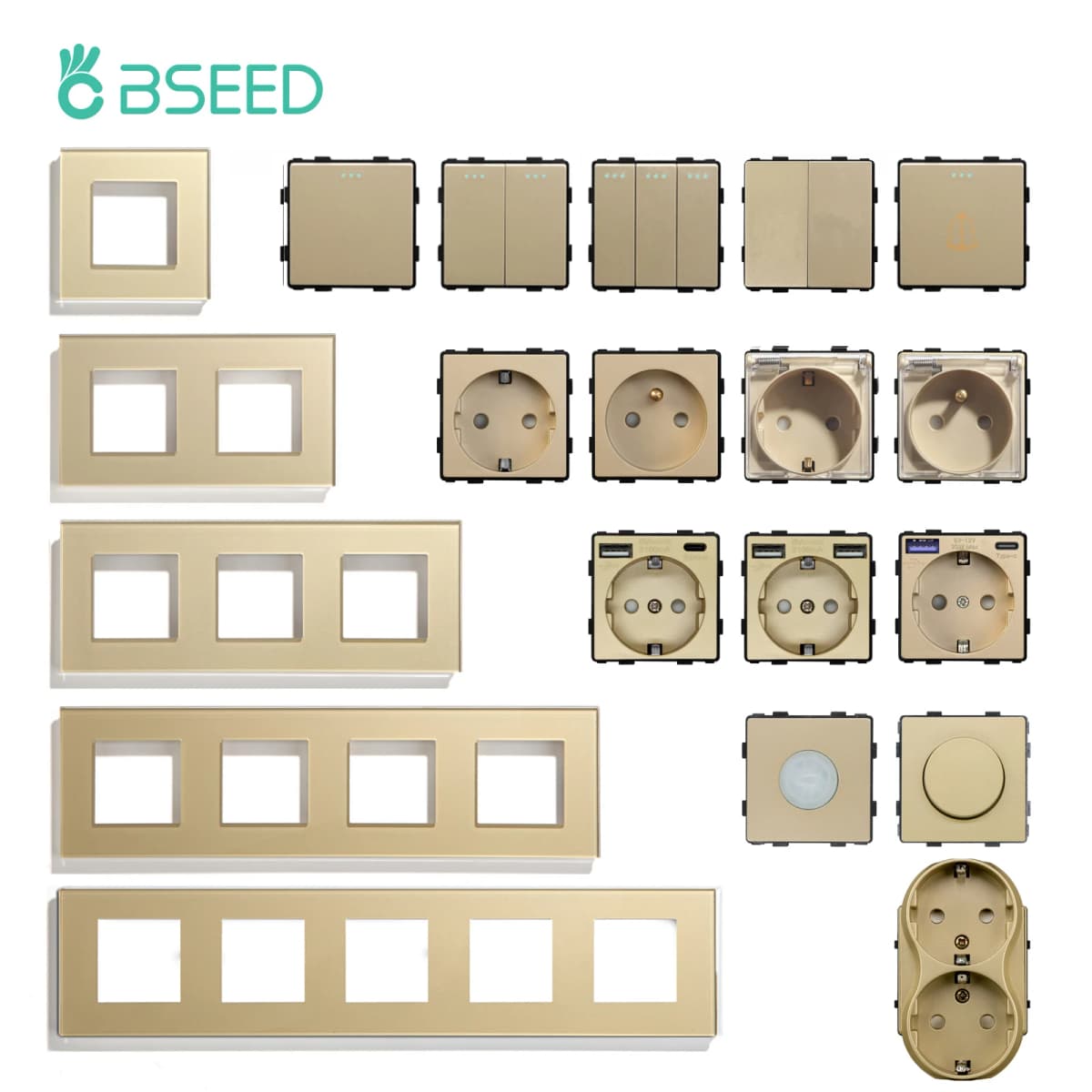 BSEED EU Standard Wall Light Switch Module Electrical Outlets Button Switch DIY Function Part Glass Panel Free Collocation Gold