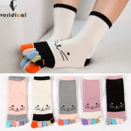 1 Pairs Pure Cotton Women Girl Five Finger Short Socks Colorful Cat Breathable Young Casual Harajuku Socks With Toes Hot Sell