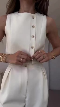 Vest Tops Two Piece Sets Women Pants Set Round Neck Sleeveless White Button High Waist Wide Leg Long Pants Slim Fit Elegant