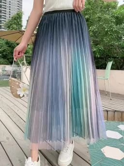 Fashion Gradient Two Layers Gauze High Waisted Mesh Skirt Women Slim Casual Pleated Design Sagging Sensation Lady Pleated Skirt
