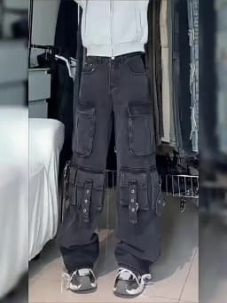 Y2K Black Cargo Pants for Women Straight Leg Jean Edgy Style Pocket Trousers Streetwear 2000s Aesthetic Grunge Pants Pantalones