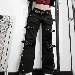 Metal Button High Waisted Straight Leg Jeans Drop Crotch Trousers Streetwear Hip Hop Fashion Y2K Cargo Denim Pants for Women