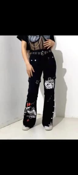 Y2K Metal Button High Waisted Straight Leg Jeans Drop Crotch Print Streetwear Pants Hip Hop Cargo Denim Trousers for Women