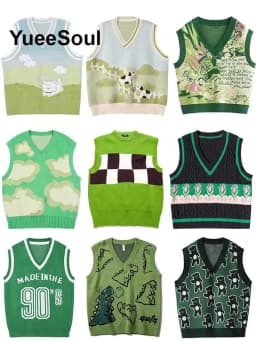 Green Knit Vest Printed Sleeveless Pullover Oversized Women Sweater Vest 2026 New Y2K Vintage Knitwear Women's Autumn Clothing