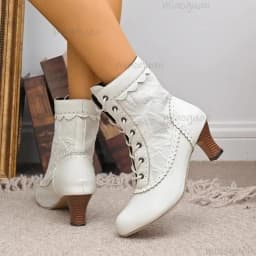 White Women's Kitten Heel Ankle Boots Elegant Lace Embroidery Booties Autumn Fashion Lace-up Short Boots Size36-43 Bottes Femmes